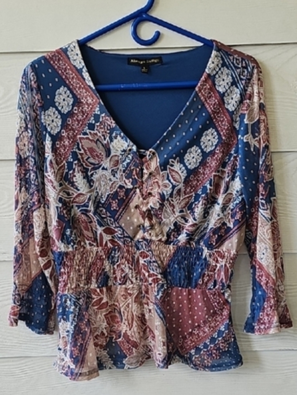 Always Indigo Patchwork Boho Blouse Lace Up V-Neck Smocked Waist Top L